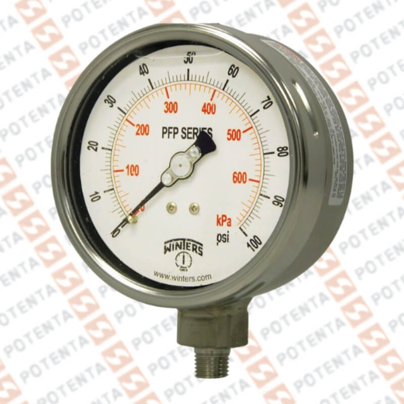 Manometro PFP, dial 4 ZR, 0-100psi/bar 1%, 1/2npt inf, ss/ss, ip66, Winters