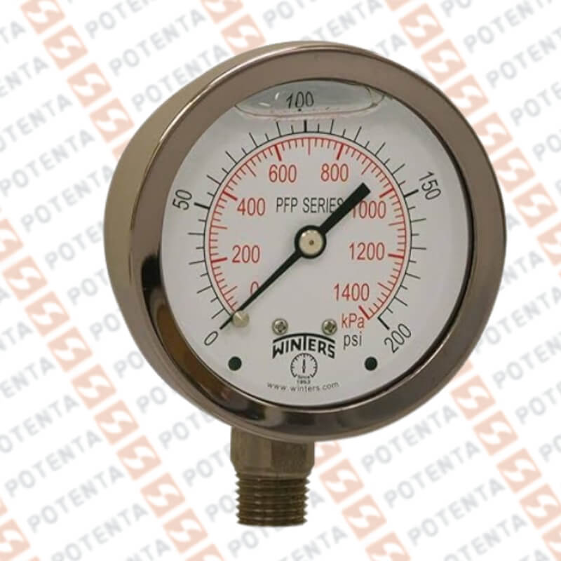 Manometro PFP, dial 4 ZR, 0-200psi/bar 1%, 1/2npt inf, ss/ss, ip66, Winters