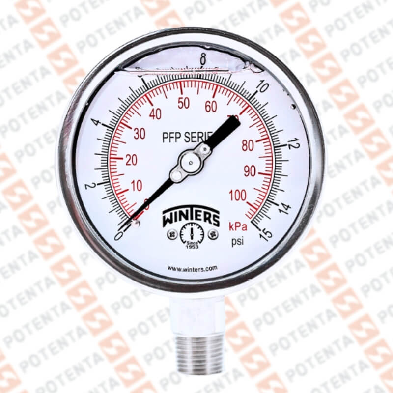 Manometro PFP, dial 4 ZR, 0-15psi/bar 1%, 1/2npt inf, ss/ss, ip66, Winters