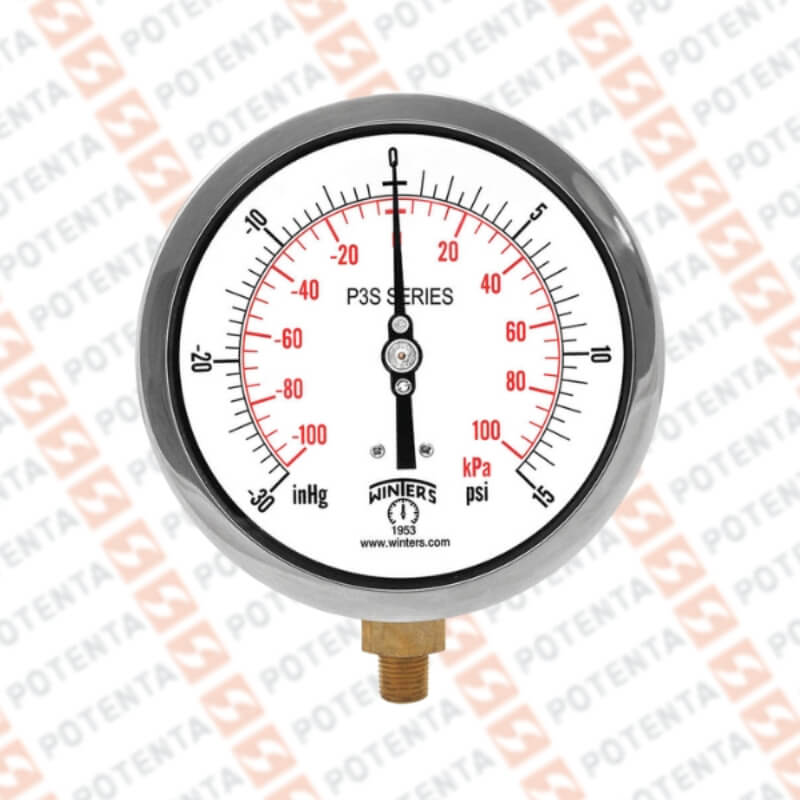 Manovacuometro PFP, dial 4 ZR, -30inhg…0….15psi/bar 1%, 1/2npt inf, ss, ip66 Winters