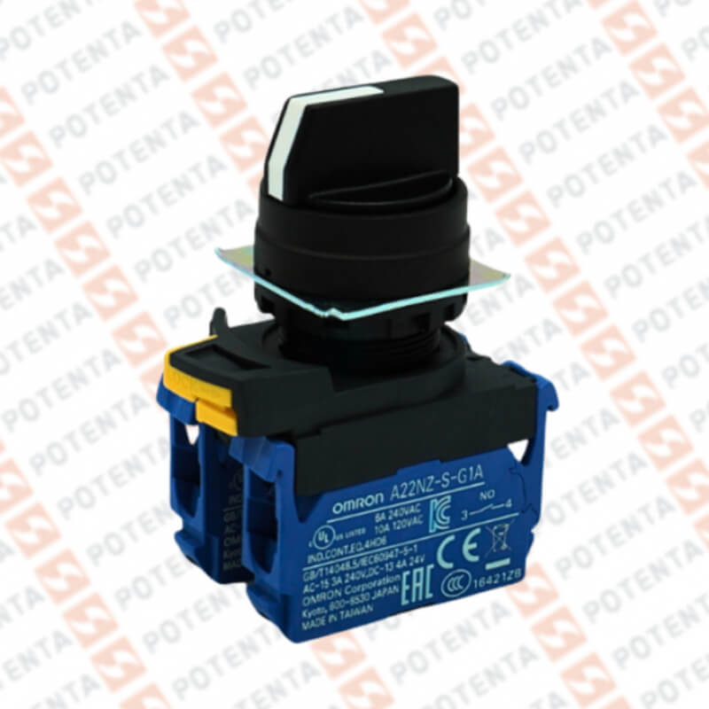 Selector, 3 posiciones plastico negro, 2no, 22mm, ens 4pza, Potenta