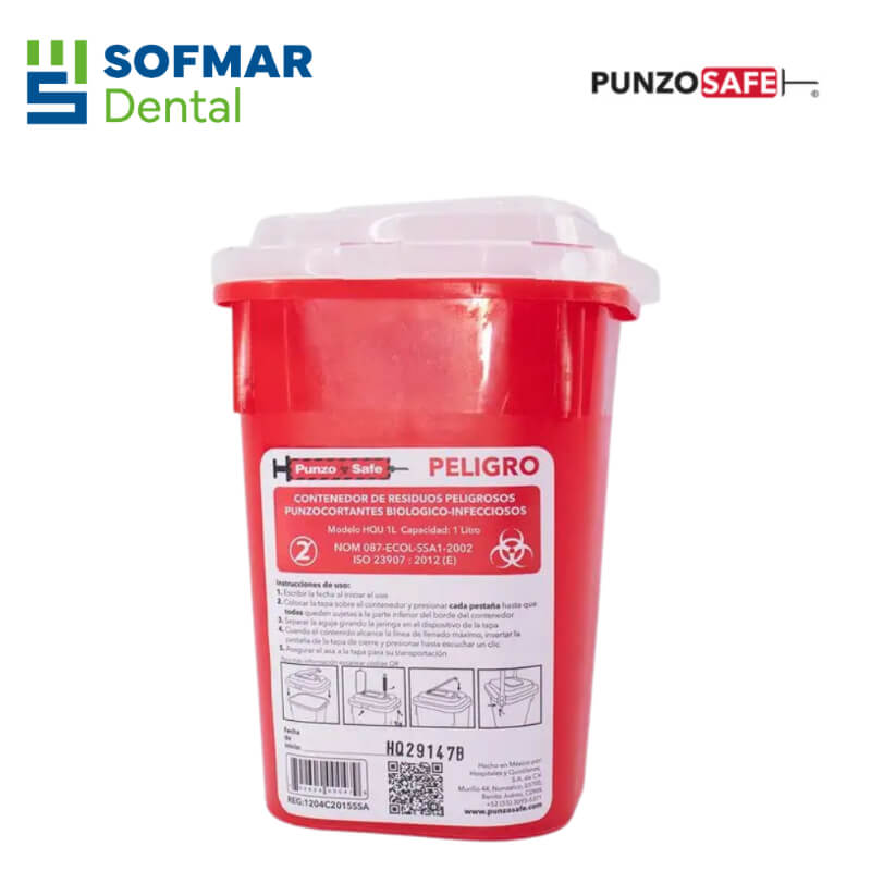 Recolector Contenedor para Residuos Punzocortantes 1 Litro | Con Tapa de Seguridad y Separador de Agujas | PUNZOSAFE | Depósito Dental Sofmar