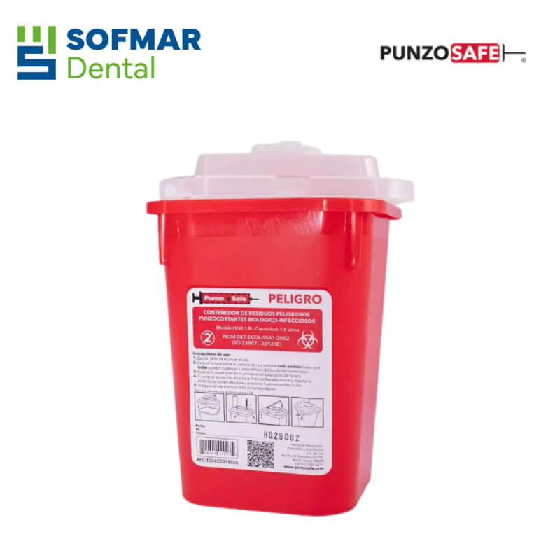 Rrecolector Contenedor para Punzocortantes 1.8 Litros | Con Asa Integrada y Separador de Agujas | Cumple NOM-087 | PUNZOSAFE | Depósito Dental Sofmar