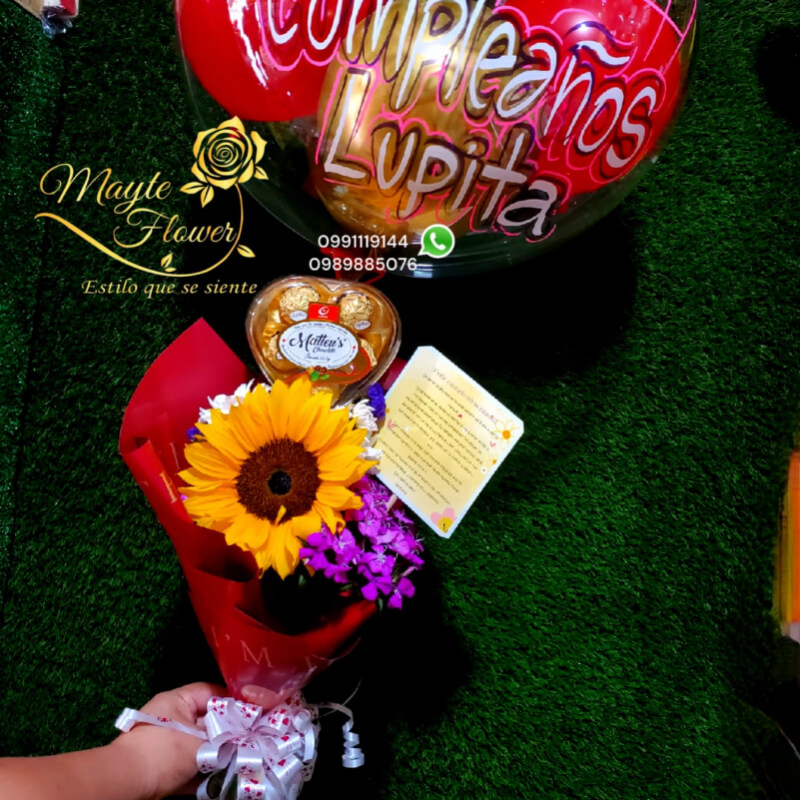 Detalle con Girasol, Globo y chocolate