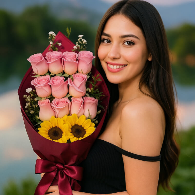 Ramo Amanecer de Rosas Rosadas y Girasoles en Ibarra