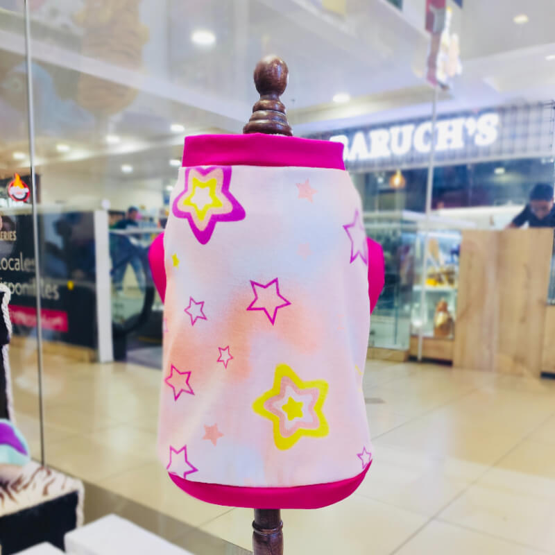 CAMISETA DE ESTRELLAS CON FILOS FUCSIA PARA PERRITOS Y GATITOS TALLAS XXXS/XXS
