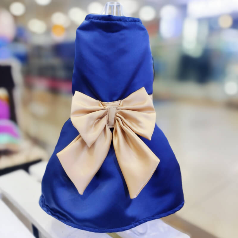 VESTIDO PODESUA AZUL MARINO CON LAZO DORADO PARA PERRITAS Y GATITAS TALLAS XS/S