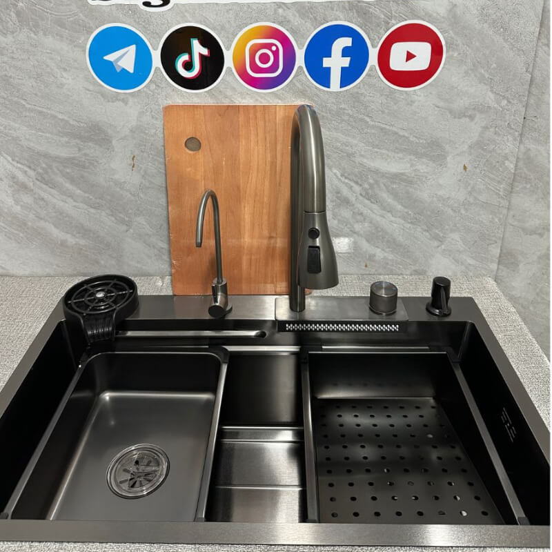 Fregadero cascada grafito con doble llave