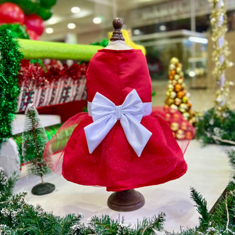 VESTIDO PODESUA ROJO CON TUTÚ Y MAXI LAZO BLANCO
