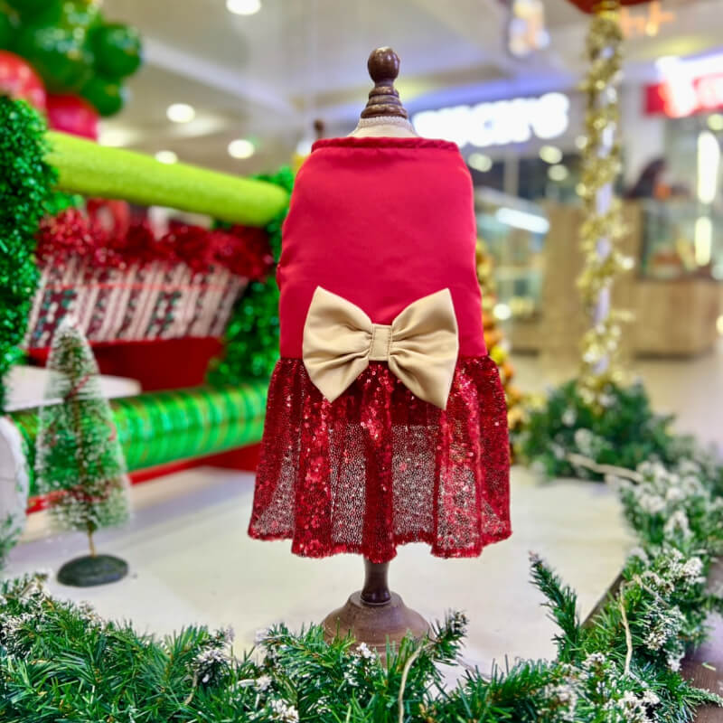 VESTIDO PODESUA ELEGANTE ROJO Y LENTENJUELAS CON UN MAXI LAZO DORADO