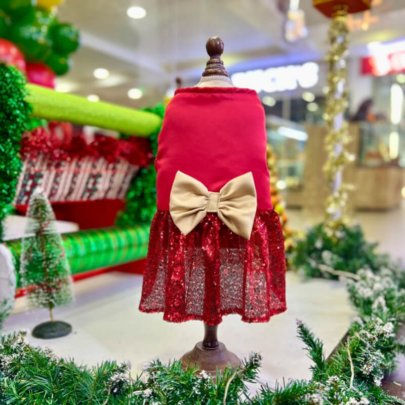 VESTIDO PODESUA ELEGANTE ROJO Y LENTENJUELAS CON UN MAXI LAZO DORADO PARA PERRITAS Y GATITAS TALLA XS/S