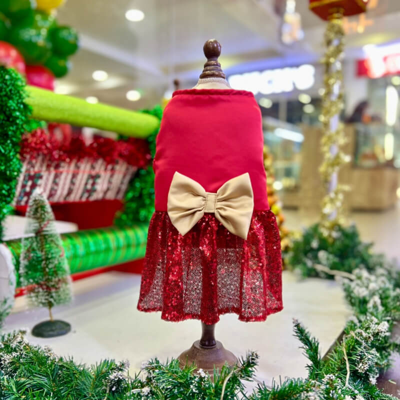VESTIDO PODESUA ELEGANTE ROJO Y LENTENJUELAS CON UN MAXI LAZO DORADO PARA PERRITAS Y GATITAS TALLA M/L
