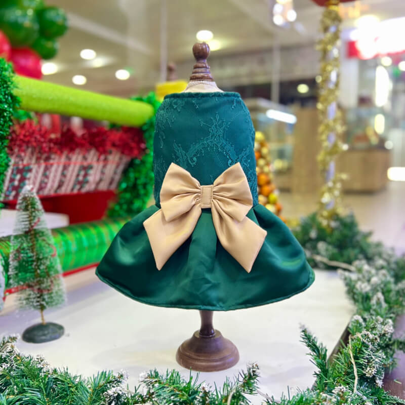 VESTIDO PODESUA VERDE ESMERALDA DE RANDA Y UN MAXI LAZO DORADO PARA PERRITAS DE GATITAS TALLA XS/S