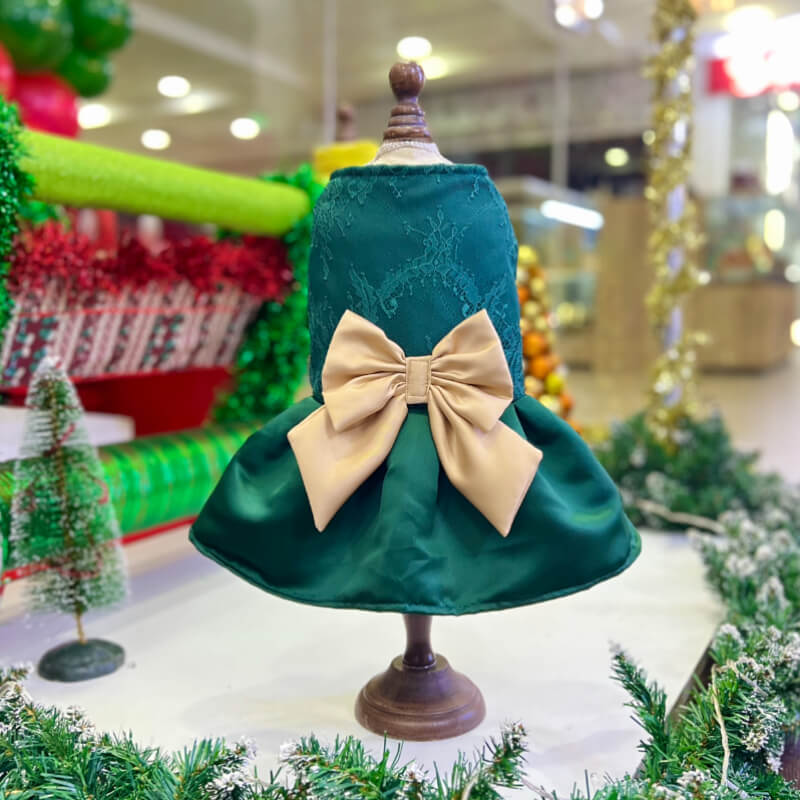 VESTIDO PODESUA VERDE ESMERALDA DE RANDA Y UN MAXI LAZO DORADO PARA PERRITAS DE GATITAS TALLA M/L