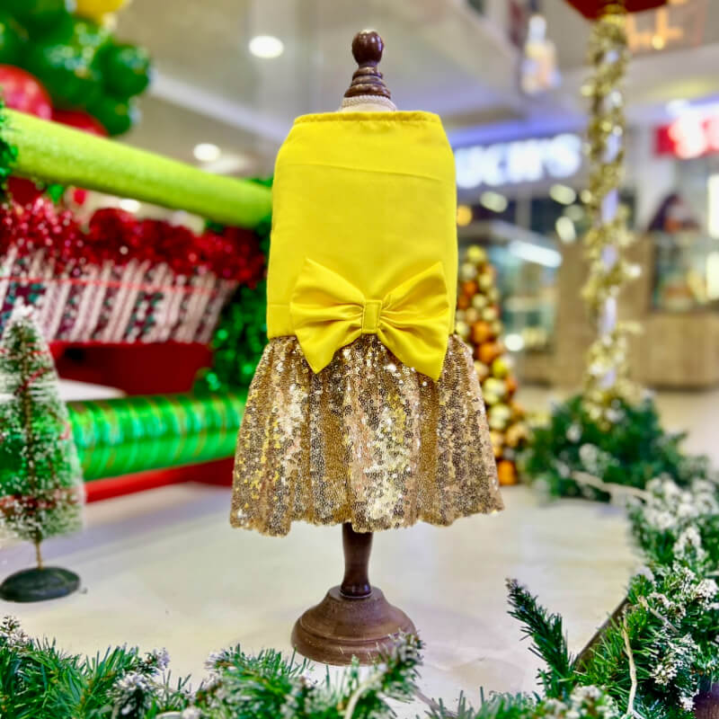 VESTIDO PODESUA ELEGANTE AMARILLO Y LENTEJUELA DORADA CON UN MAXI LAZO