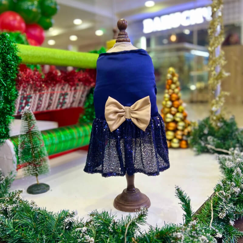 VESTIDO PODESUA ELEGANTE AZUL MARINO Y LENTEJUELAS CON UN MAXI LAZO DORADO PARA PERRITAS Y GATITAS TALLA XS/S