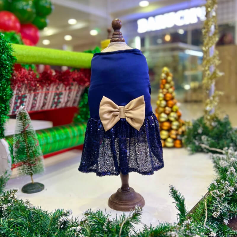 VESTIDO PODESUA ELEGANTE AZUL MARINO Y LENTEJUELAS CON UN MAXI LAZO DORADO PARA PERRITAS Y GATITAS TALLA M/L