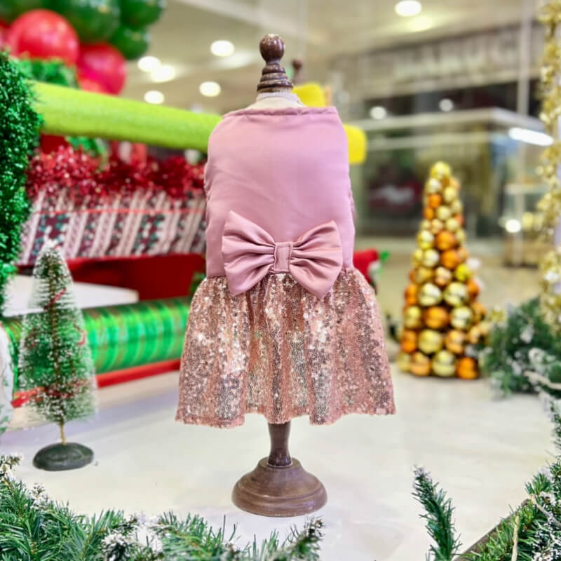 VESTIDO PODESUA ELEGANTE ROSE GOLD Y LENTEJUELA CON UN MAXI LAZO ROSE GOLD PARA PERRITAS Y GATITAS TALLA XXXS/XXS