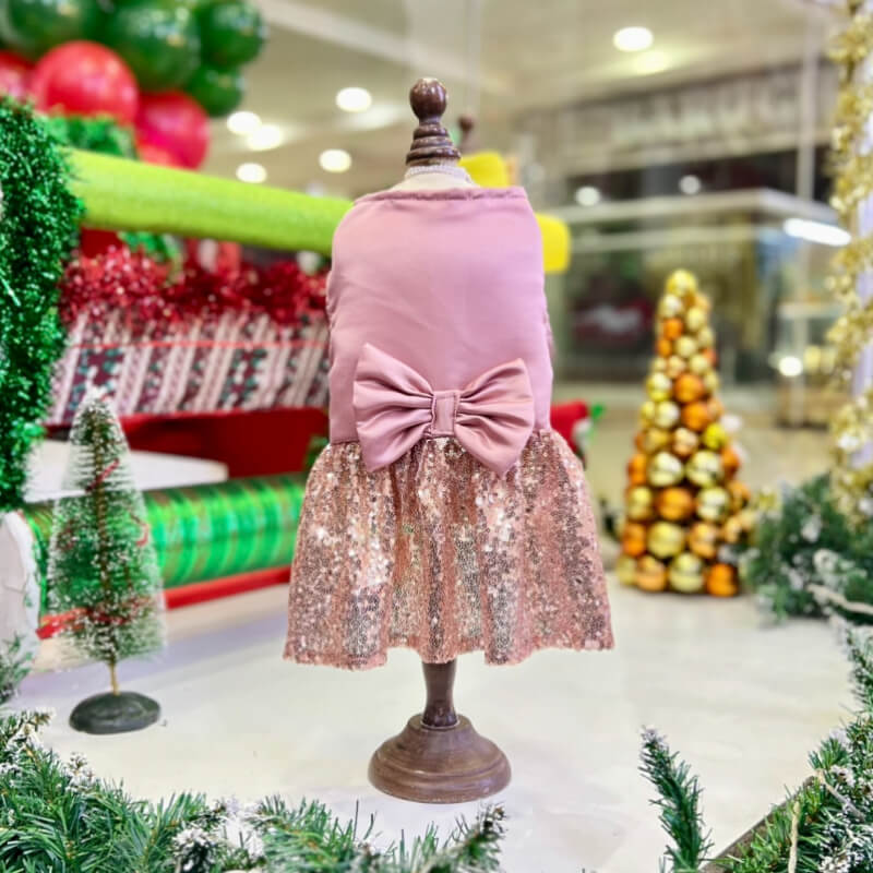 VESTIDO PODESUA ELEGANTE ROSE GOLD Y LENTEJUELA CON UN MAXI LAZO ROSE GOLD PARA PERRITAS Y GATITAS TALLA XS/S