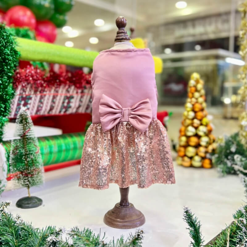VESTIDO PODESUA ELEGANTE ROSE GOLD Y LENTEJUELA CON UN MAXI LAZO ROSE GOLD PARA PERRITAS Y GATITAS TALLA M/L