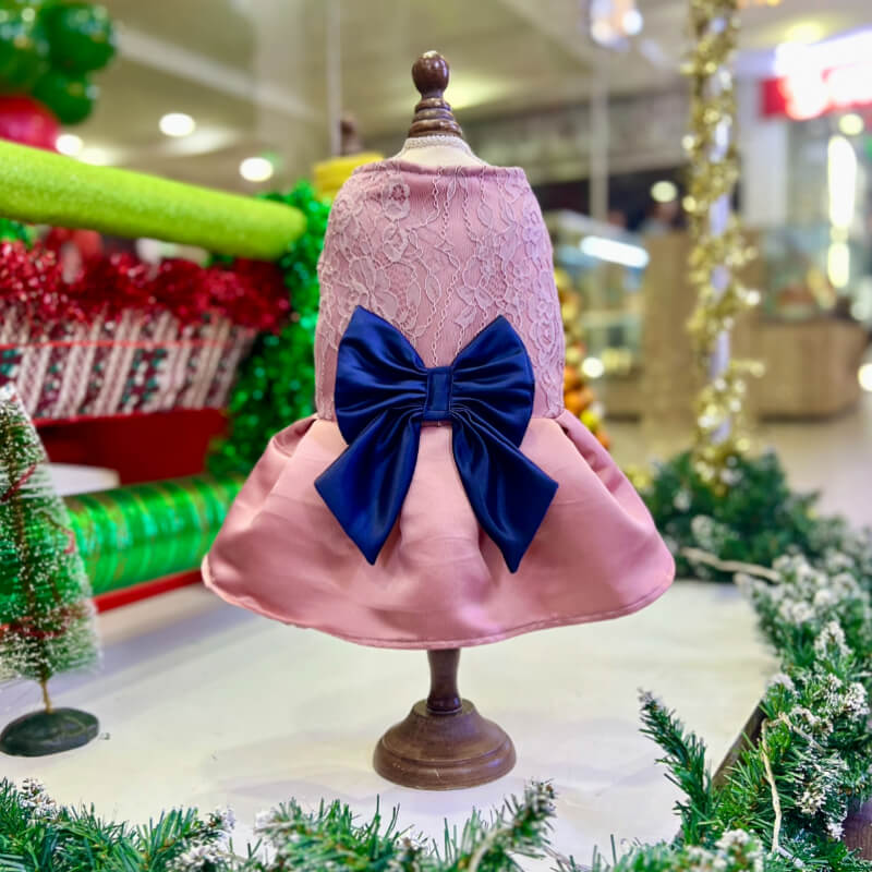 VESTIDO PODESUA ROSE GOLD DE RANDA Y UN MAXI LAZO AZUL MARINO PARA PERRITAS Y GATITAS TALLA XXXS/XXS