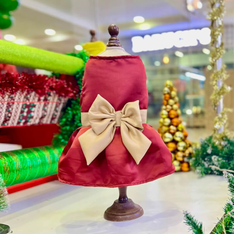 VESTIDO PODESUA TERRACOTA Y MAXI LAZO DORADO PARA PERRITAS Y GATITAS TALLA XS/S