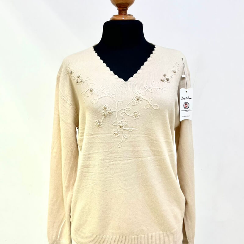 Suéter de Punto Beige con Perlas - Tallas Grandes
