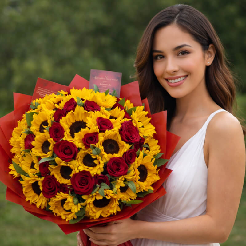 Ramo Explosión de Pasión: Girasoles y Rosas Rojas en Ibarra
