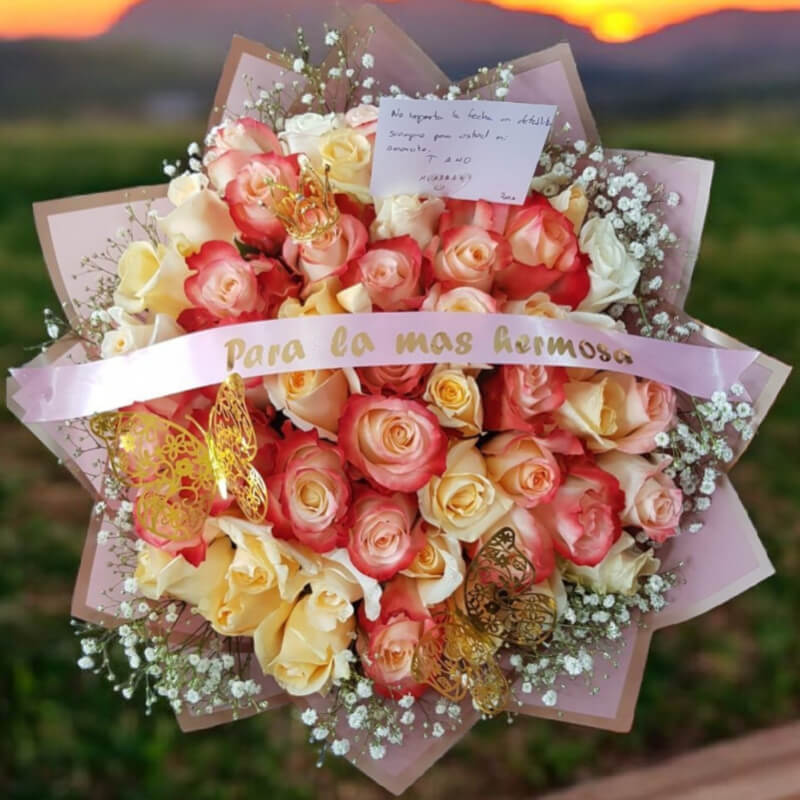 Ramo Encanto Bicolor: Rosas Bicolor con Mariposas Doradas en Ibarra
