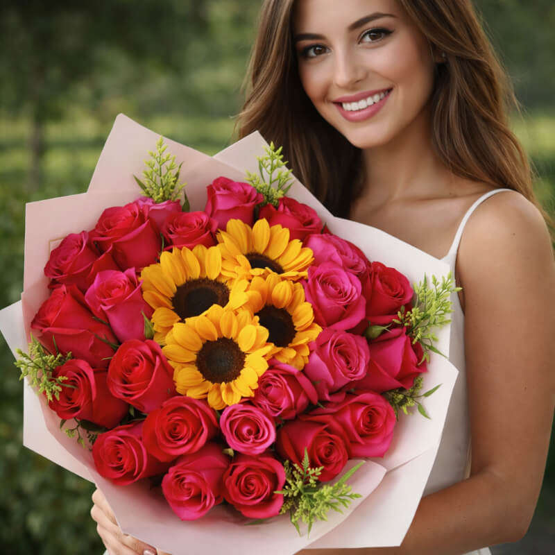 Ramo Fusión Pasión: Rosas Rojas y Girasol Central en Ibarra