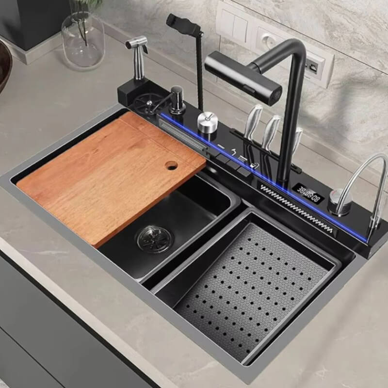 Fregadero doble cascada con llave multifuncional, soporte para celular y porta cuchillos