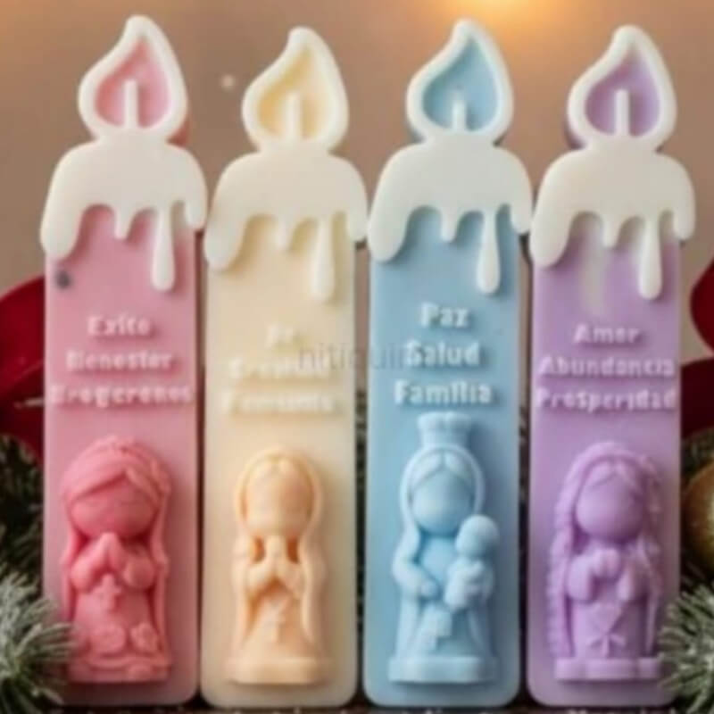 Molde de silicona con diseño de Velas Navideñas con 4 diseños de vírgenes, para uso en jabones, velas, cemento, yeso,