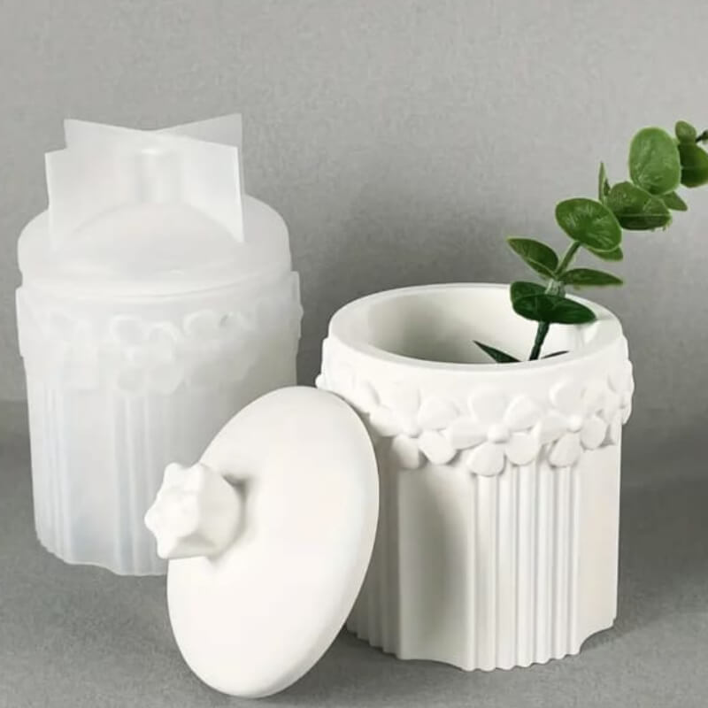 Molde de silicona con diseño de maceta con rayas y flores para uso en cemento, yeso, resina.