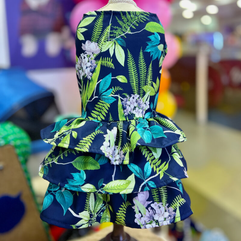 VESTIDO PLAYERO AZUL MARINO CON HOJAS VERDES DE TRES VUELOS PARA GATITAS Y PERRITAS TALLA XS/S