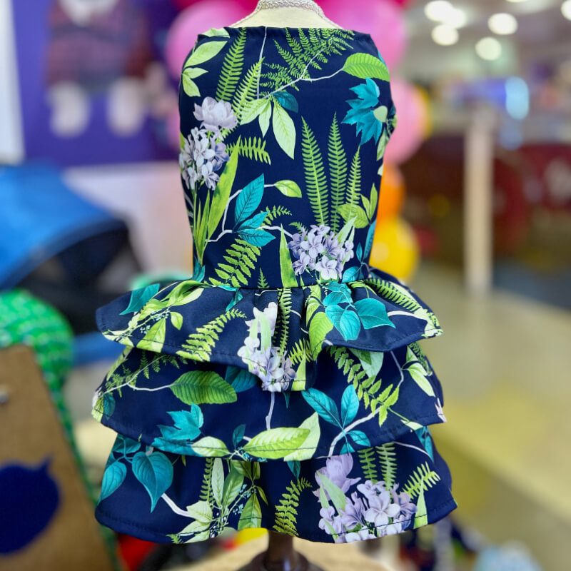 VESTIDO PLAYERO AZUL MARINO CON HOJAS VERDES DE TRES VUELOS PARA GATITAS Y PERRITAS TALLA M/L