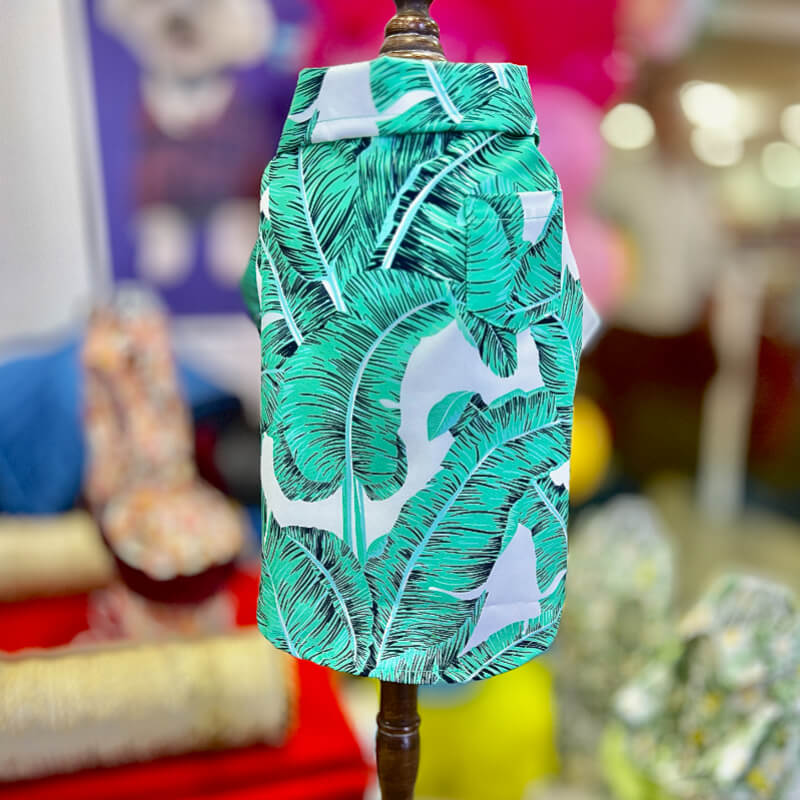 CAMISA PLAYERA BLANCA CON ESTAMPADO DE HOJAS PARA GATITOS Y PERRITOS TALLA XS/S