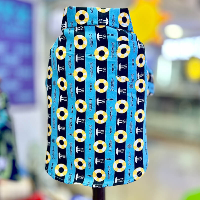 CAMISA TURQUESA CON LINEAS NEGRAS DE BOYAS AMARILLAS PARA GATITOS Y PERRITOS TALLA M/L