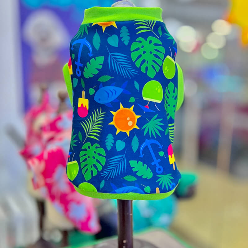 CAMISETA PLAYERA AZUL MARINO CON FILOS VERDES PARA GATITOS Y PERRITOS TALLA M/L