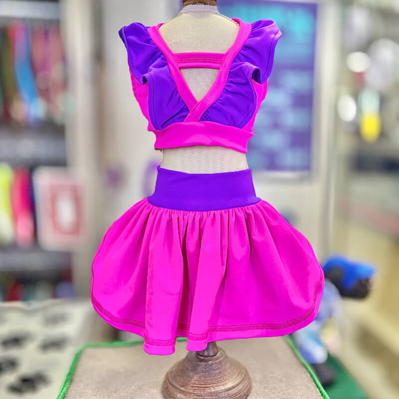 TANKINI DE DOS PIEZAS FUCSIA CON FILOS MORADOS PARA GATITAS Y PERRITAS TALLA M/L