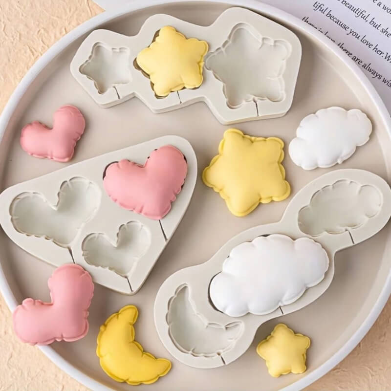 Combo de molde de silicona con diseño de globitos de Nube, Corazón y Estrellas para uso en Velas, Jabones, resina, chocolate, porcelana fría.