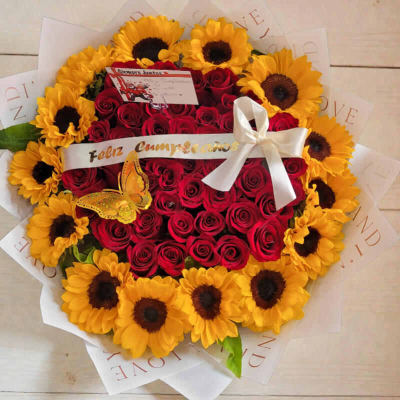 CORAZÓN RADIANTE | Girasoles & Rosas de Cumpleaños