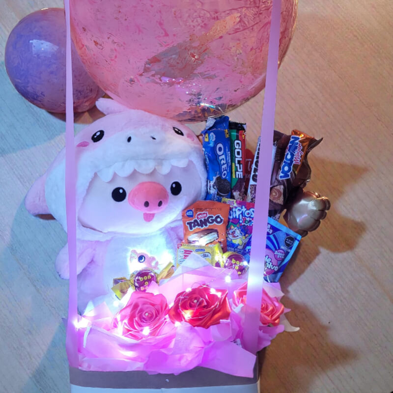 SUEÑO ROSA | Peluche Shark-Pig, Snacks & Rosas Iluminadas