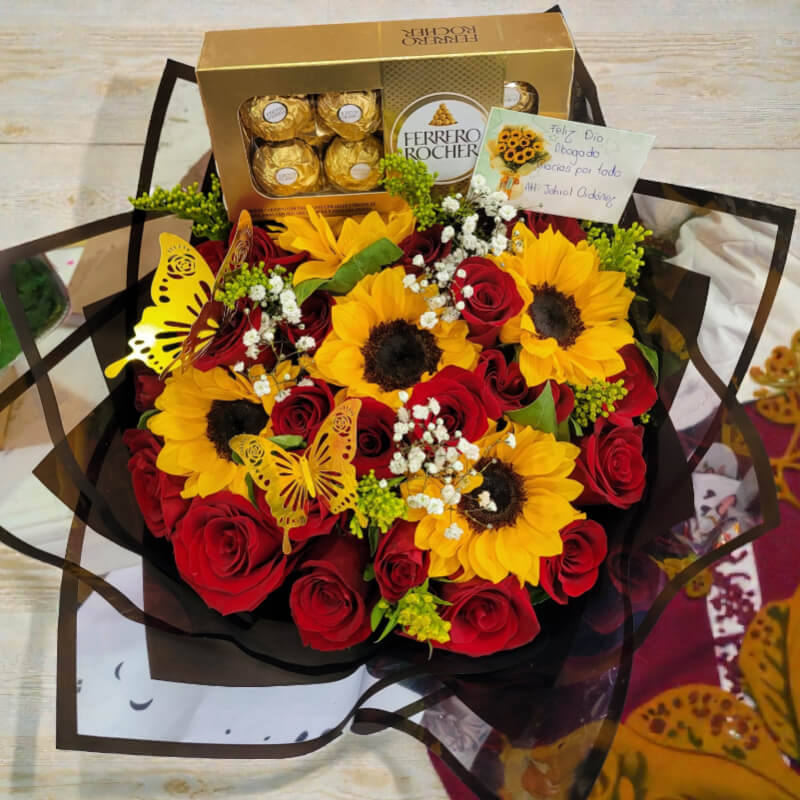 SUEÑO DE ORO | Rosas Rojas & Girasoles con Ferrero