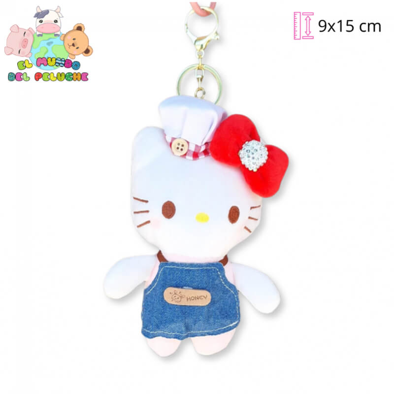 Llavero Kitty con Mandil y Moño con Piedra de Diamante | 9x15 cm | El Mundo del Peluche