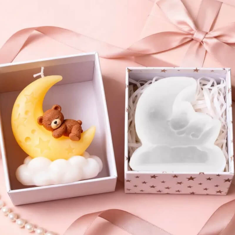 Moldes de silicona con diseño de Luna con oso y Luna con conejo para uso en Velas, Jabones, resina, chocolate.