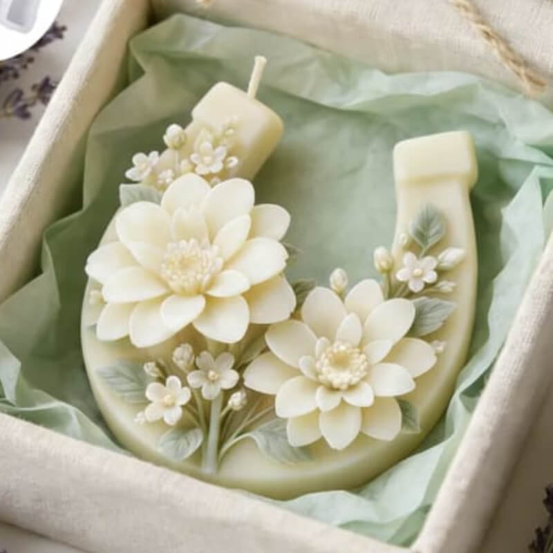 Molde elaborado en silicona con diseño de Herradura Floral para uso en Velas, jabones, yeso, chocolate, resina.