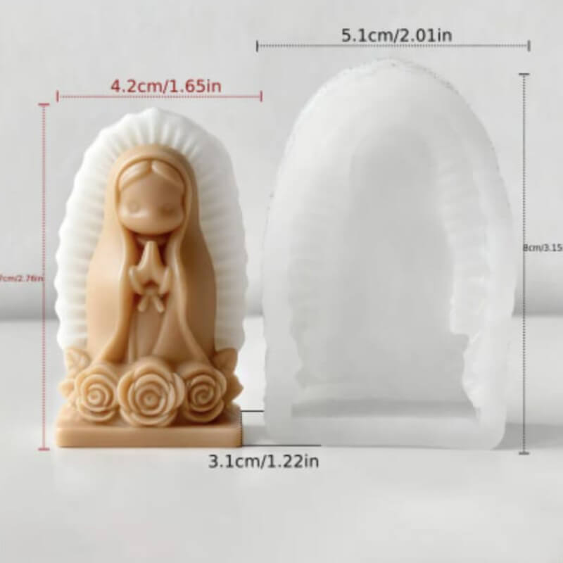 Molde de silicona con diseño Virgen de Guadalupe con rosas para uso en chocolate, velas, pastelería, resina.