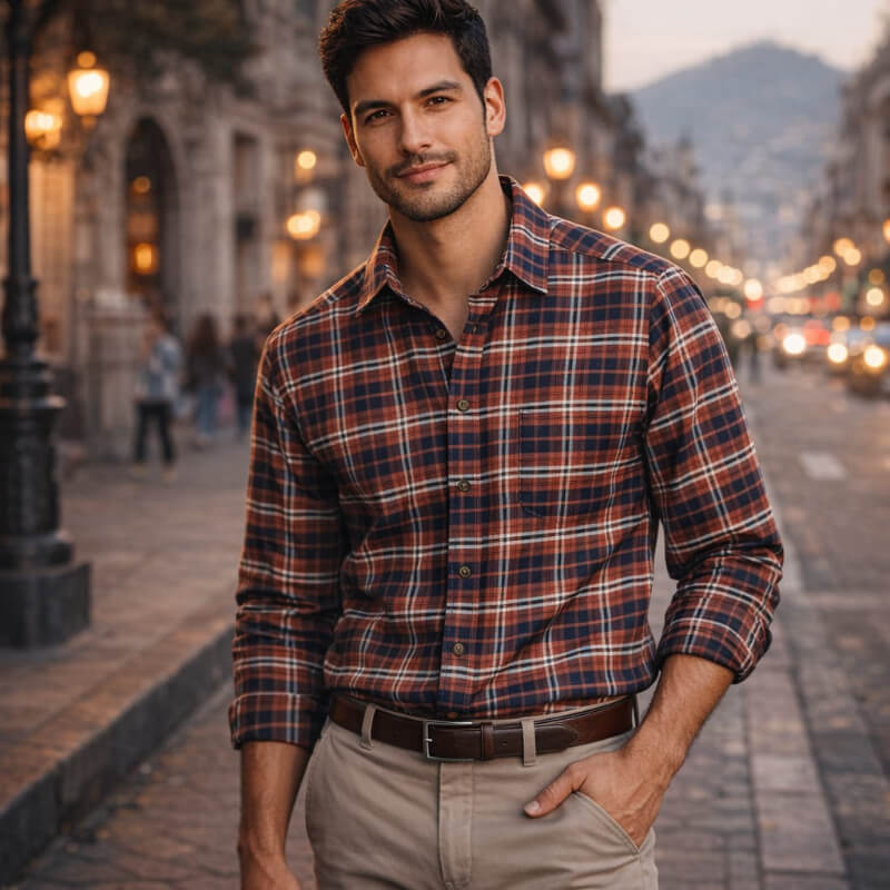 Camisa manga larga, Terracota y Azul Marino
