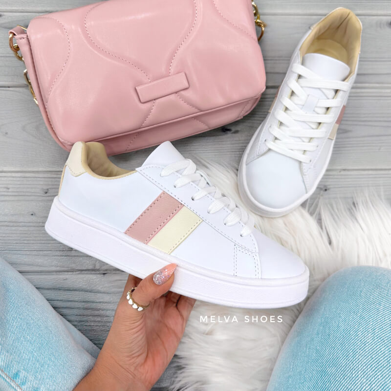 Sneaker Blanco con Detalles Vainilla y Rosado