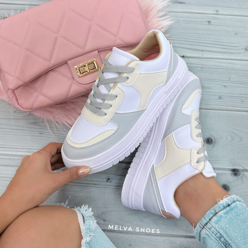 Sneakers Blancas con Detalles Vainilla y Gris
